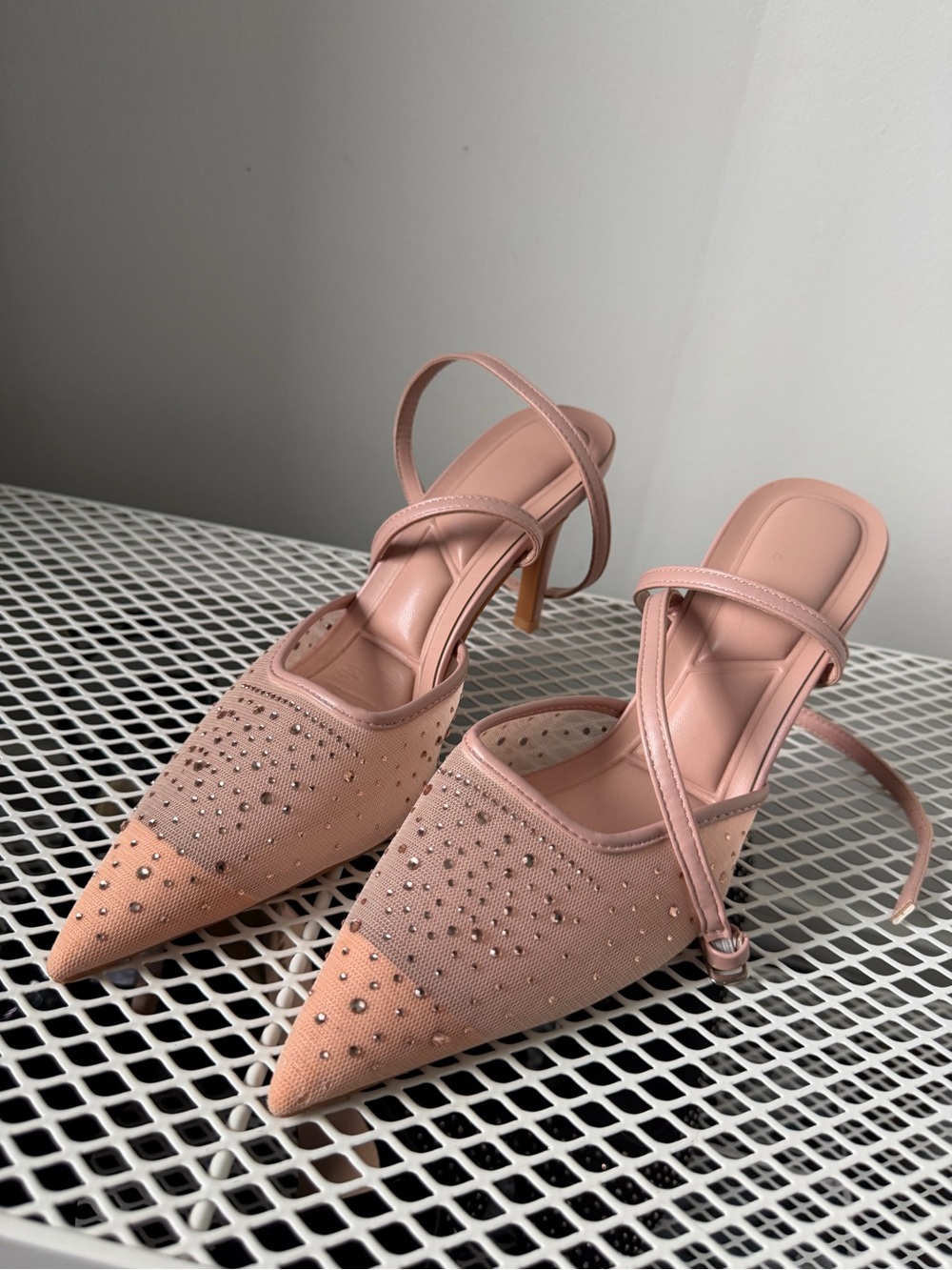 Embellished Pointed-Toe Strappy Heels in Blush Pink